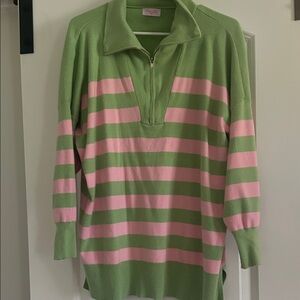 Pink Lily Green & Pink Striped Half-Zip Sweater